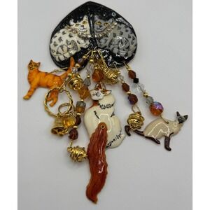Lunch At The Ritz Cat Rhinestone Enamel Dangle Brooch